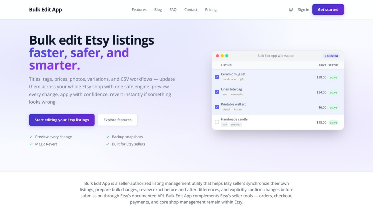 Bulk Edit App live SaaS product homepage
