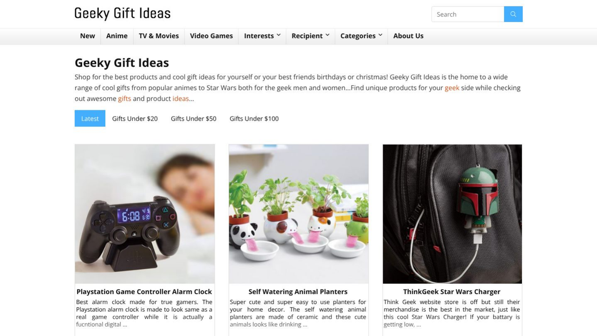 GeekyGiftIdeas live affiliate content-commerce homepage